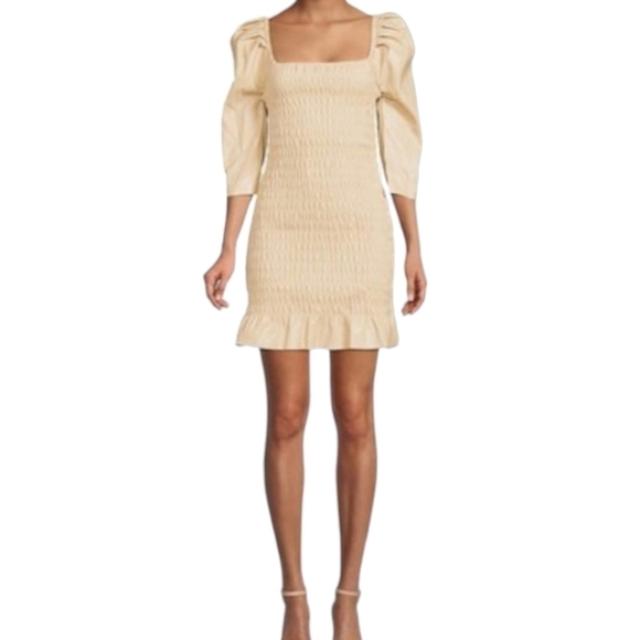 7 For All Mankind Smocked Faux Leather Mini Dress cream - Picture 3 of 5